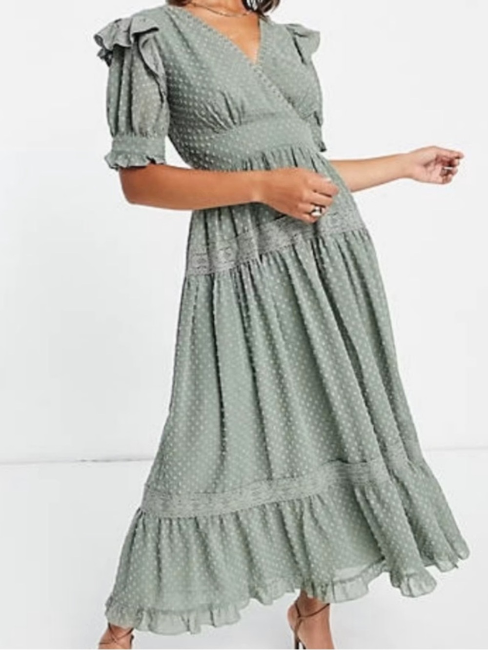 Wrap Front Lace Insert Textured Midi Tea Dress in Sage Green